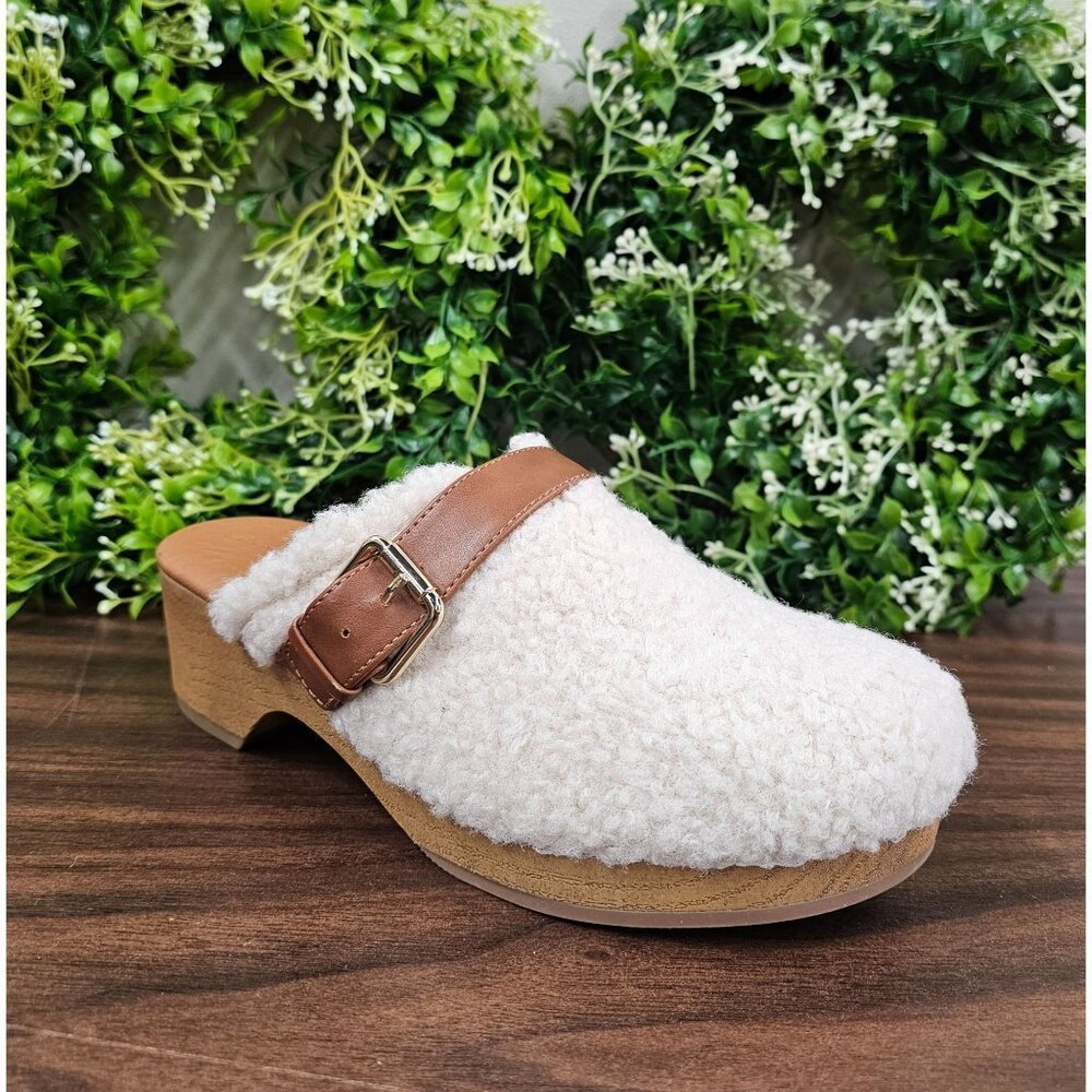 A New Day Indra Cream Faux Fur Women's Clogs Size 8